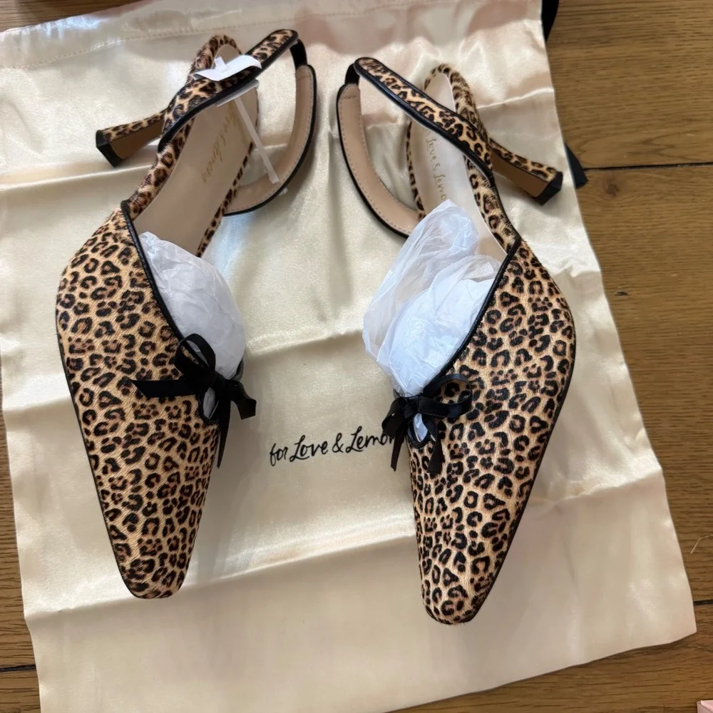 For Love & Lemons Lyana Leopard Print Slingback Kitten Heels Bow Pointed Toe 37